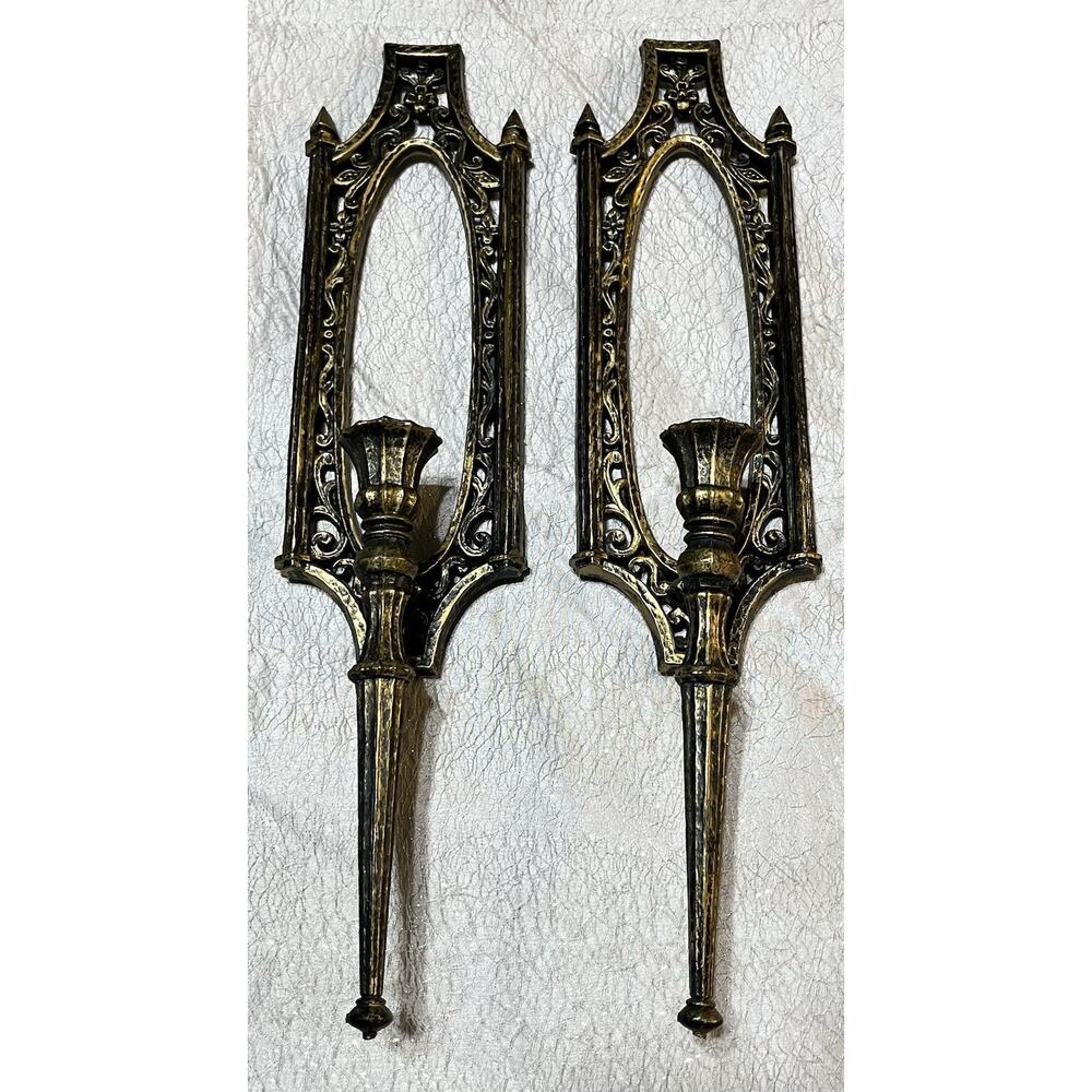 Vtg Pair Mid Century Syroco Style Spanish Gothic Candle Wall Sconces 18.5" Tall